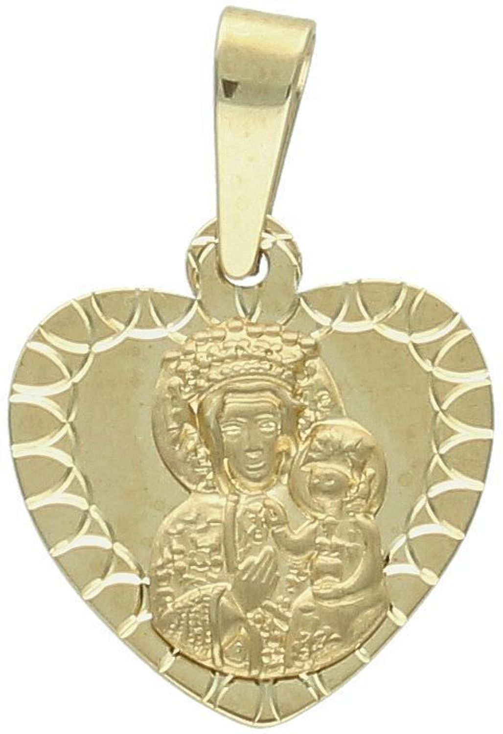 Złota zawieszka medalik serce Matka Boska Częstochowska ZA 7045B 333. Medalik w kształcie serca z wizerunkiem Matki Boskiej. Medalik o bogatej symbolice religijnej. Złota zawieszka próby 333..jpg